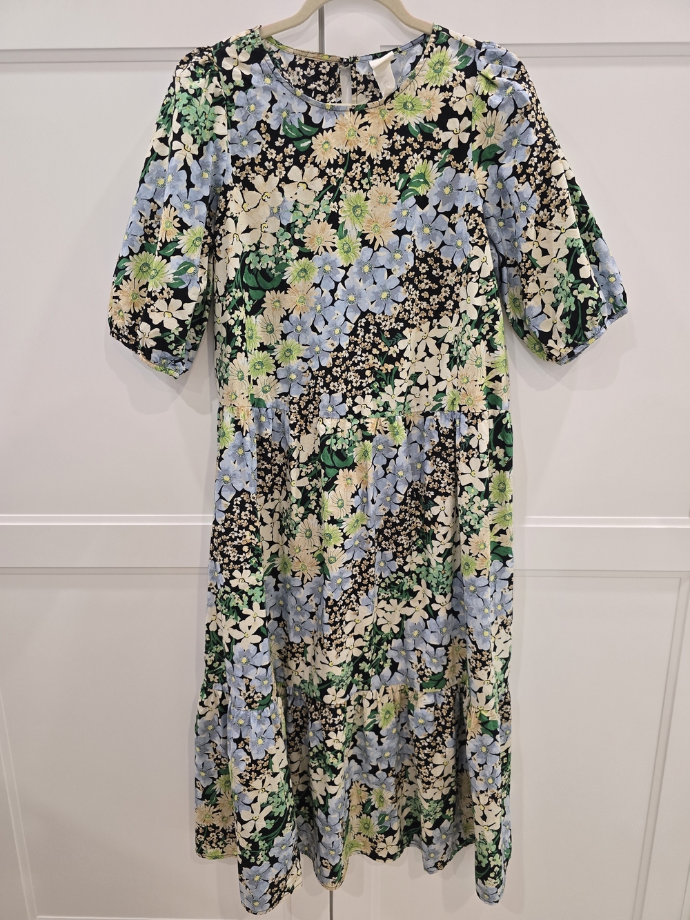 H&M Black Floral Midi Dress with Pastel Blue and Green Blooms